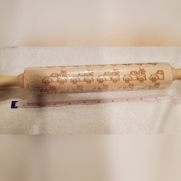 New Embossed Pickup Truck Holiday Wood Rolling Pin Pastry Dough Engraved Design - Picture 2 of 2